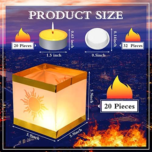 Cunno 72 Pcs Square Memorial Lanterns Set Paper Tangled Lanterns Sun Pattern Chinese Wishing Lights with Tea Candles and Adhesive Pads for Praying Pool Blessing Wedding - Image 3