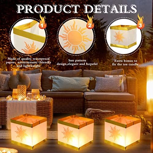 Cunno 72 Pcs Square Memorial Lanterns Set Paper Tangled Lanterns Sun Pattern Chinese Wishing Lights with Tea Candles and Adhesive Pads for Praying Pool Blessing Wedding - Image 4