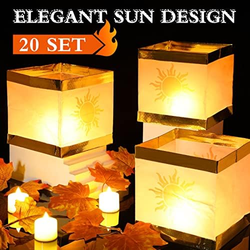 Cunno 72 Pcs Square Memorial Lanterns Set Paper Tangled Lanterns Sun Pattern Chinese Wishing Lights with Tea Candles and Adhesive Pads for Praying Pool Blessing Wedding - Image 8
