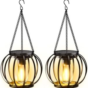 KOOPER Solar Lanterns Outdoor Waterproof, Upgraded Metal Hanging Solar Lights Outdoor Lanterns, Brighter Auto On/Off Outdoor Hanging Lantern for Yard Patio Pathway Porch Garden Decor 2 Pack