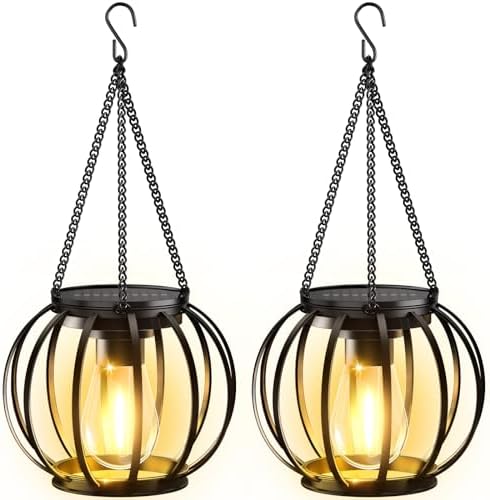 KOOPER Solar Lanterns Outdoor Waterproof, Upgraded Metal Hanging Solar Lights Outdoor Lanterns, Brighter Auto On/Off Outdoor Hanging Lantern for Yard Patio Pathway Porch Garden Decor 2 Pack
