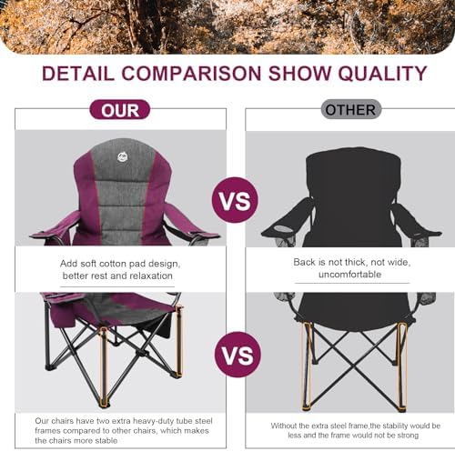 Northroad Oversized Portable Camping Chair, Full Padded Outdoor Folding Chair Support 350 LBS, Heavy Duty Lawn Chair with Cup Holder, Cooler Bag, Lumbar Support, Head Pocket for Adult (Purple) - Image 6